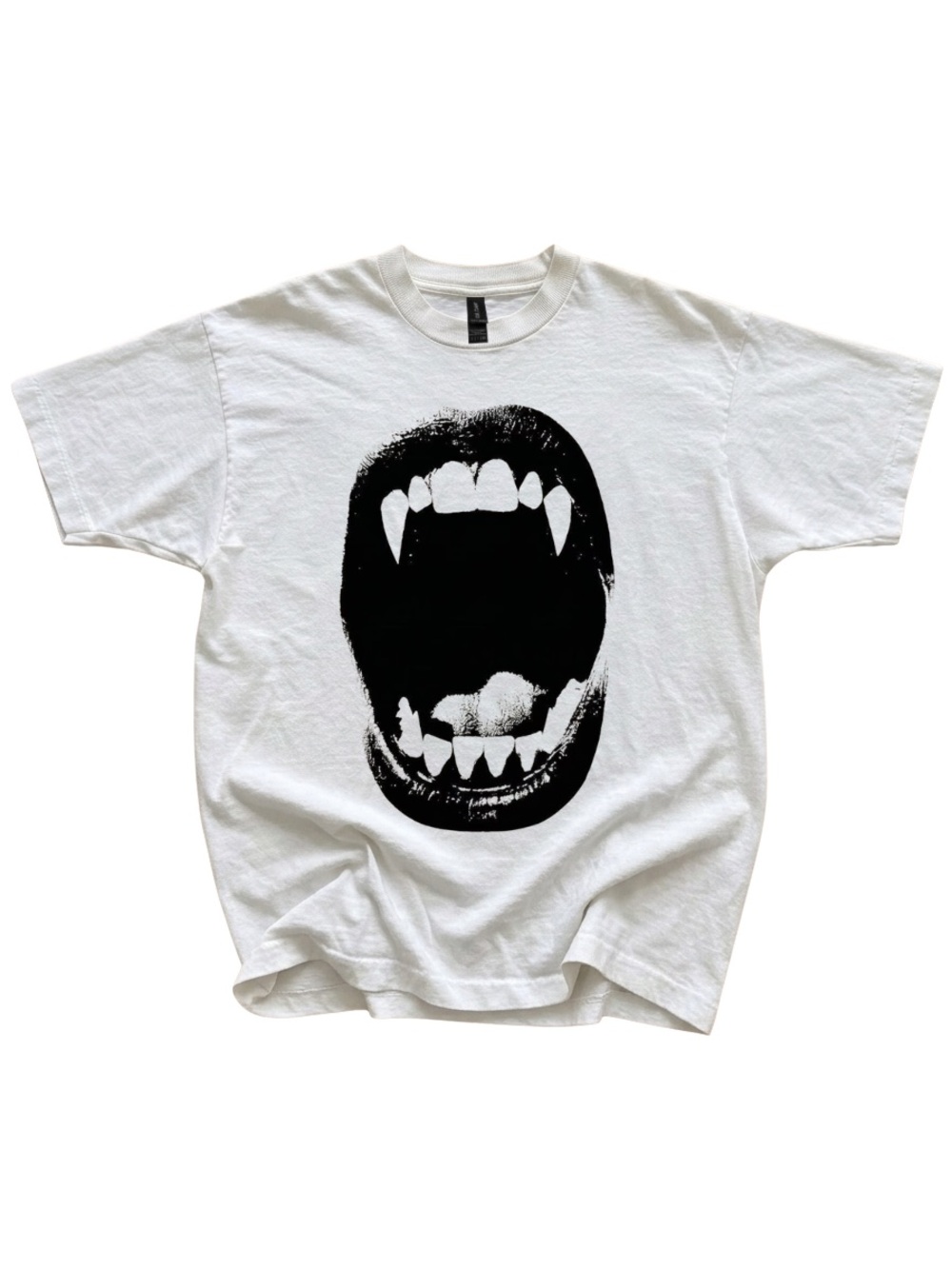 Gildan White Vampire Fangs Mouth Ringer Graphic Tee, Gothic Vampire Bite Shirt